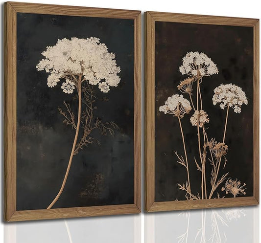 2Pcs Framed Moody Botanical Wall Art with Wood Frame Vintage Queen Anne’s Lace Flower Canvas Paintings Rustic Floral Poster Picture Prints Decor for Farmhouse Living Roomor Bedroom16X24In
