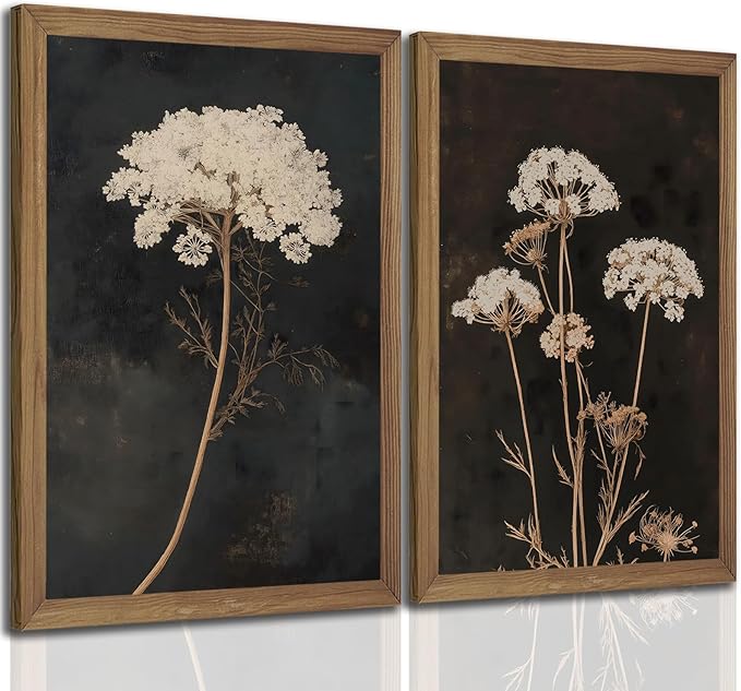 2Pcs Framed Moody Botanical Wall Art with Wood Frame Vintage Queen Anne’s Lace Flower Canvas Paintings Rustic Floral Poster Picture Prints Decor for Farmhouse Living Roomor Bedroom12X16Inch