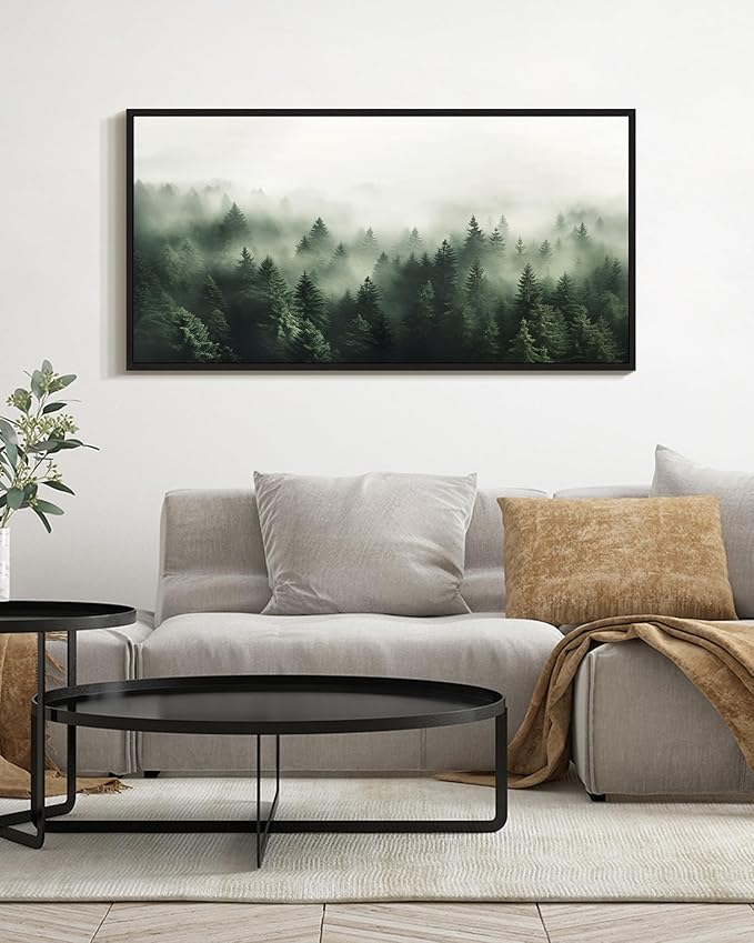 SHENIFY Green Fog Pine Tree Forest Vintage Framed Wall Art Modern Landscape Scenery Farmhouse Artwork Prints Decor for Hallway Bedroom Living Room Dining Room - 20x40in Black Framed