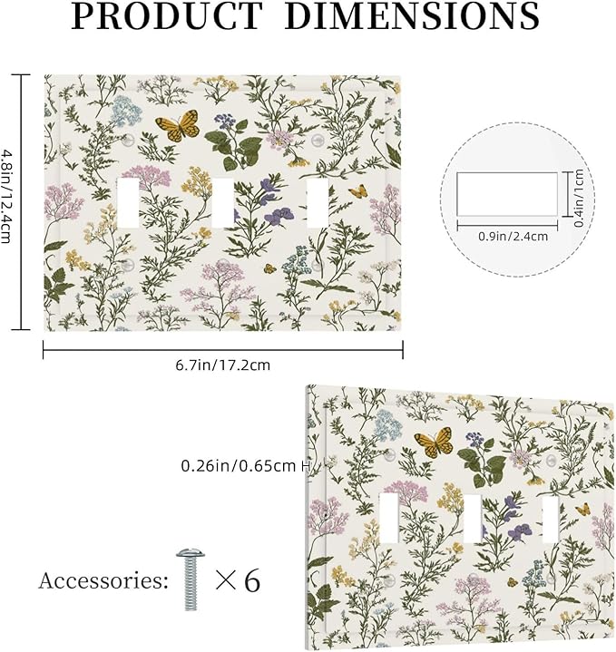 Decorative Switch Plates Vintage Colorful Flowers Butterfly Floral 3 Gang Wall Plate Triple Toggle Light Switch Cover Faceplate Electrical Wall Panels For Bed Room Living Room Decor