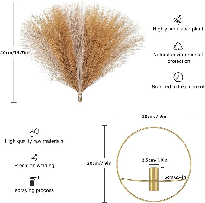 Pretty Jolly Boho Wall Art, Hanging Artificial Pampas Display, 2 Pack - Turmeric, Light Coffee, Gold - Living Room, Bedroom, Bathroom, Dining Room