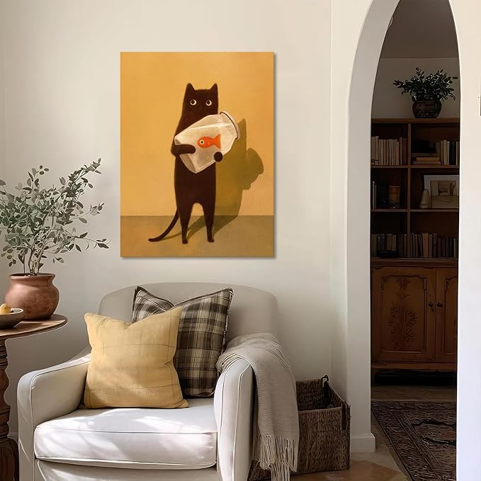 Funny Black Cat Wall Art, Abstract Black Cat and Fish Canvas Poster Print Picture, Cute Animal Wall Decor, Perfect for Cat Lovers for Bathroom Living Room Bedroom Kids Room 16x24 in Framed
