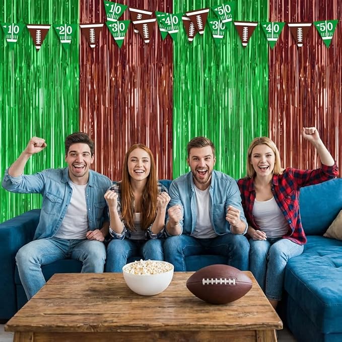 2 Pack Football Party Decorations, 3.28 FT x 6.58FT Tinsel Backdrop, Green Brown Foil Fringe Curtains Metallic Party Streamer, Football Party Supplies Game Day Decorations 2026 Birthday Party Supplies