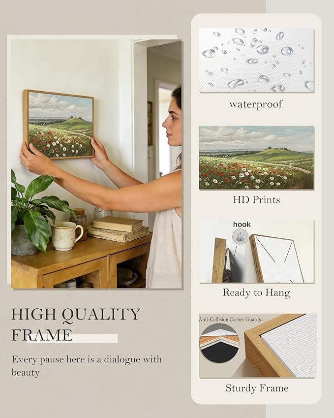 SHENIFY Vintage Landscape Framed Wall Art Meadow with Flowers Scenery Farmhouse Decor Rustic Retro Grassland Floral Field Painting for Kitchen Living Room Bedroom Bathroom - 11x14in Natural Framed