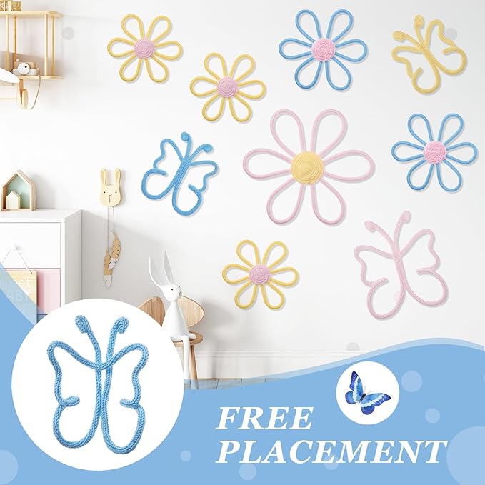 Wesiti 9 Pcs Boho Nursery Decor 3 Size Daisy Flower and Butterflies Woven Macrame Wall Hanging for Home Nursery Bedroom Dorm Wall Art(Classic Color)