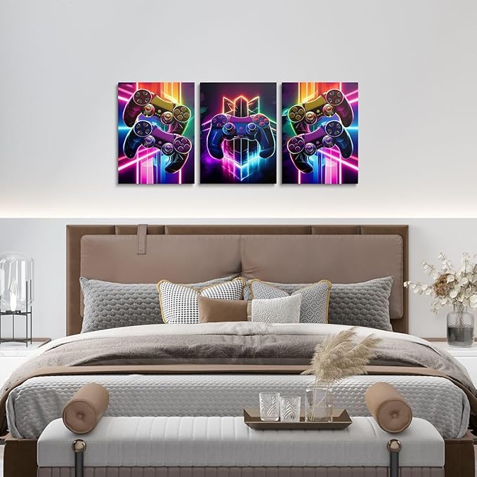 Feelyou Gamer Canvas Wall Art For Living Room 12"X 16"3 Piece Game Controller Picture Wall Decor Gaming Gifts Bathroom Art Gamepad Office Decorations Artwork Posters Blue Painting