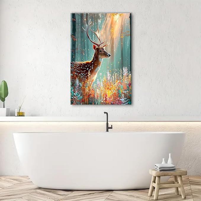 Deer Wall Art Fall Forest Wall Decor Nature Autumn Landscape Picture Rustic Wildlife Animal Canvas Prints Farmhouse Elk Painting Colorful Flowers Artwork for Bedroom Living Room Home Decoration 24x36"