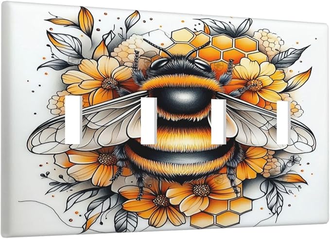 Light Switch Covers Bee Honeycomb Flowers Plant Leaves Quad Toggle Electrical Faceplate 4 Gang Wall Plate Decorative Switch Plates For Nursery Kids Room Decor