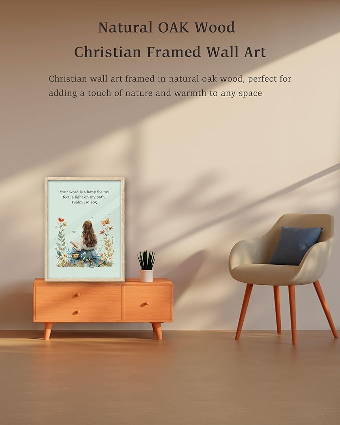 KensTro Natural OAK Wood Nursery Decor Framed Wall Art, 12x16 in Inspirational Christian Bible Verse Wall Art,Word of God Young Girl Reading Scripture Art Print for Boys Girls Bedroom Decor Set of 1