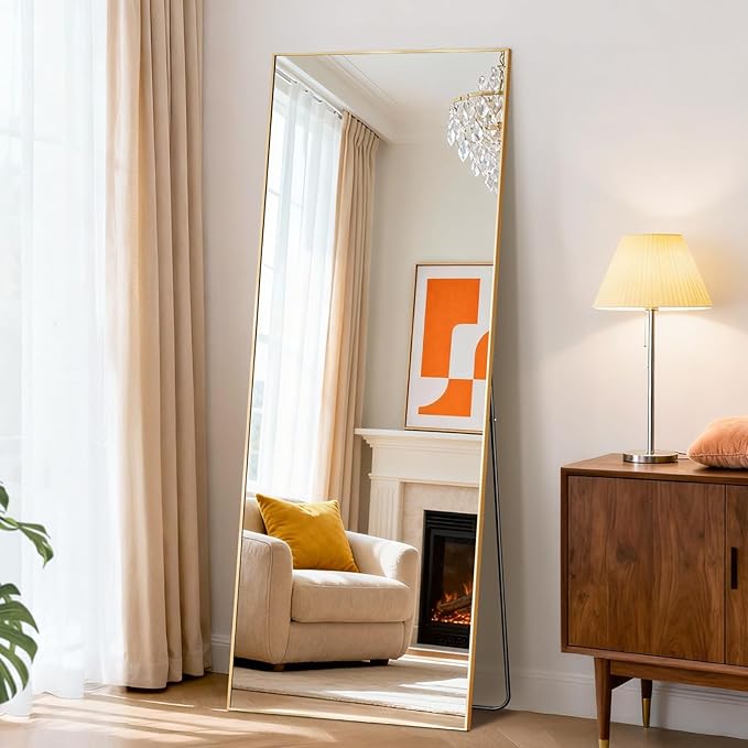 DUMOS Full Length Mirror with Stand 15"x56" Floor Standing Aluminum Frame for Bedroom Body Hanging Leaning Modern Simple Home Decor Shatter-proorf Nano Glass Wall Living Room Cloakroom, Gold