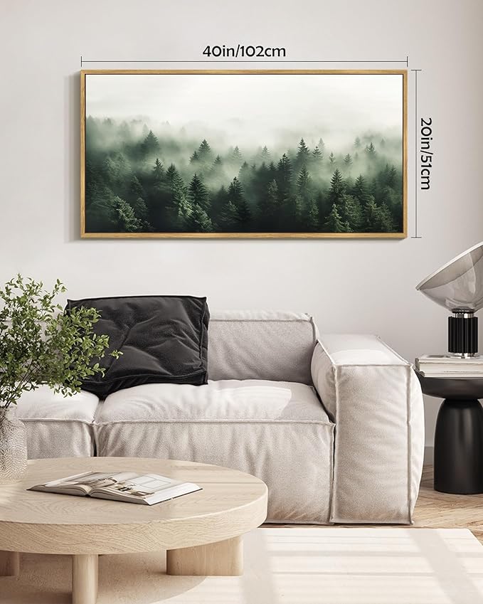 SHENIFY Green Fog Pine Tree Forest Vintage Framed Wall Art Modern Landscape Scenery Farmhouse Artwork Prints Decor for Hallway Bedroom Living Room Dining Room - 20x40in Natural Framed