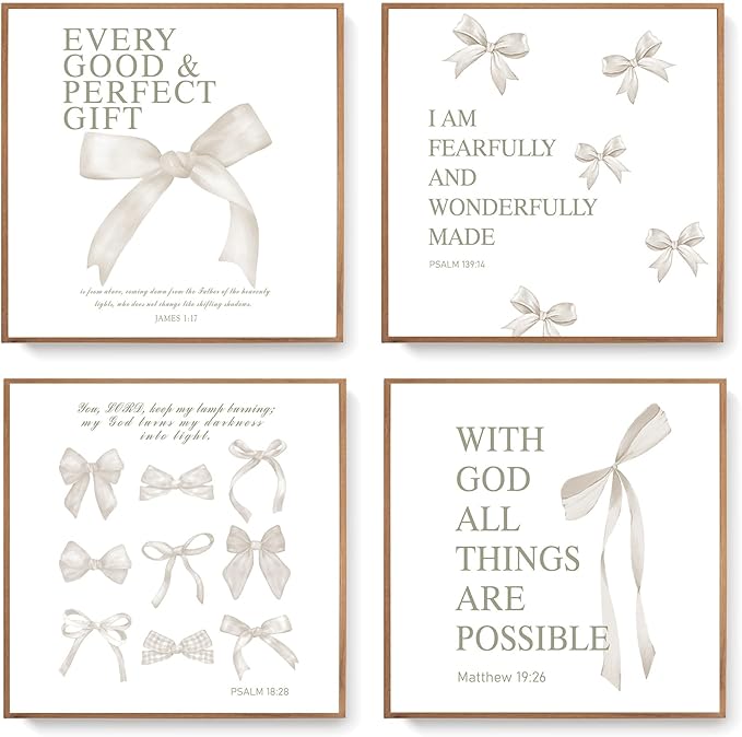 LARTSFRO Coquette Beige Bow Wall Art Decor Posters, Beige Bow Christian Room Bedroom Bathroom Dorm Wall Art Decor Aesthetic for College Teen Girls Gifts, Inspirational Bible Verses Bow Wall Decor, 10x10 Inch Set of 4 Pcs Bow Pictures (UNFRAMED)
