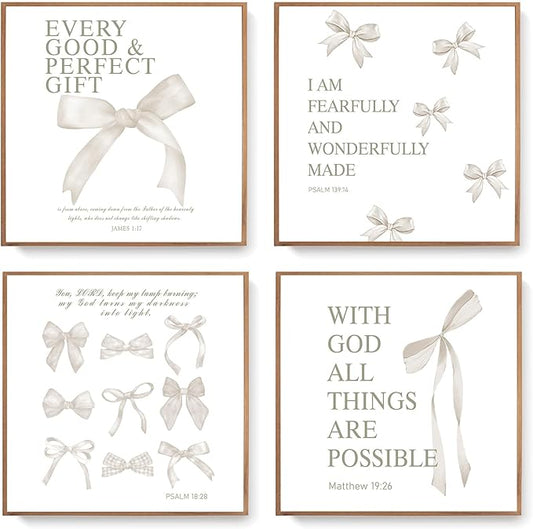 LARTSFRO Coquette Beige Bow Wall Art Decor Posters, Beige Bow Christian Room Bedroom Bathroom Dorm Wall Art Decor Aesthetic for College Teen Girls Gifts, Inspirational Bible Verses Bow Wall Decor, 10x10 Inch Set of 4 Pcs Bow Pictures (UNFRAMED)