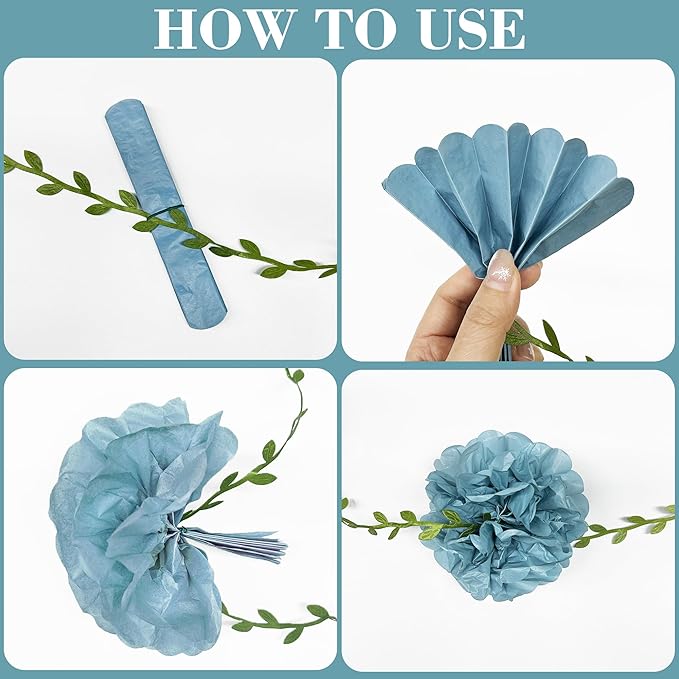 Dusty Rose Pink Blue Khaki Beige Tissue Paper Flowers Pom Pom with Leaf Ribbon Hanging Garland Streamer for Gender Reveal Baby Shower He or She Boy or Girl Vintage Themed Party Decorations Supplies
