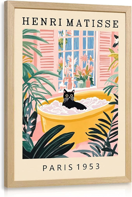 IAFWZX Wood Framed Funny Bathroom Wall Art, Humor Black Cat In Bathtub Wall Decor, Vintage Henri Matisse Canvas Painting, Whimsical Cute Animal Poster Print for Living Room Bedroom 12"x16"