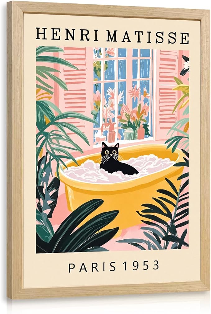 IAFWZX Wood Framed Funny Bathroom Wall Art, Humor Black Cat In Bathtub Wall Decor, Vintage Henri Matisse Canvas Painting, Whimsical Cute Animal Poster Print for Living Room Bedroom 16"x24"