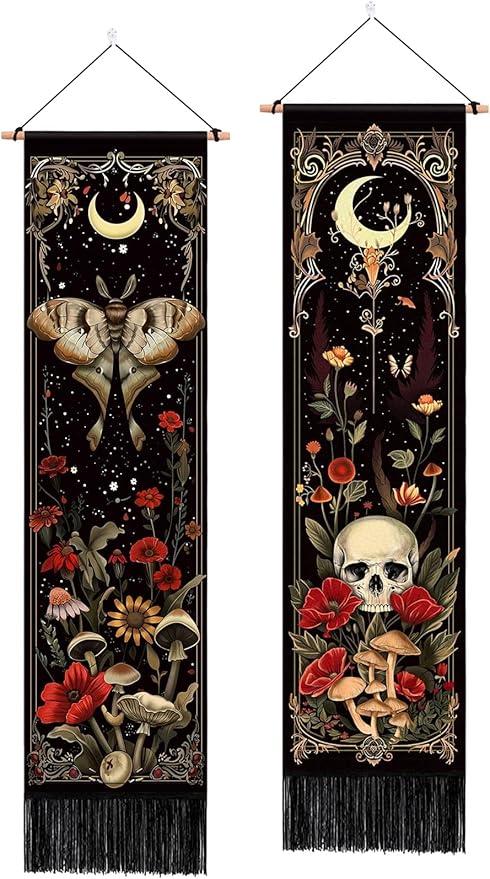 ARTCREATOR Pack of 2 Witchy Gothic Wall Bedroom Decor Moth Moon Tapestry Skull Mushroom Vertical Tapestries Retro Floral Flowers Tapestries for Bedroom Aesthetic Art Room (12.8 x 51.2 inches)