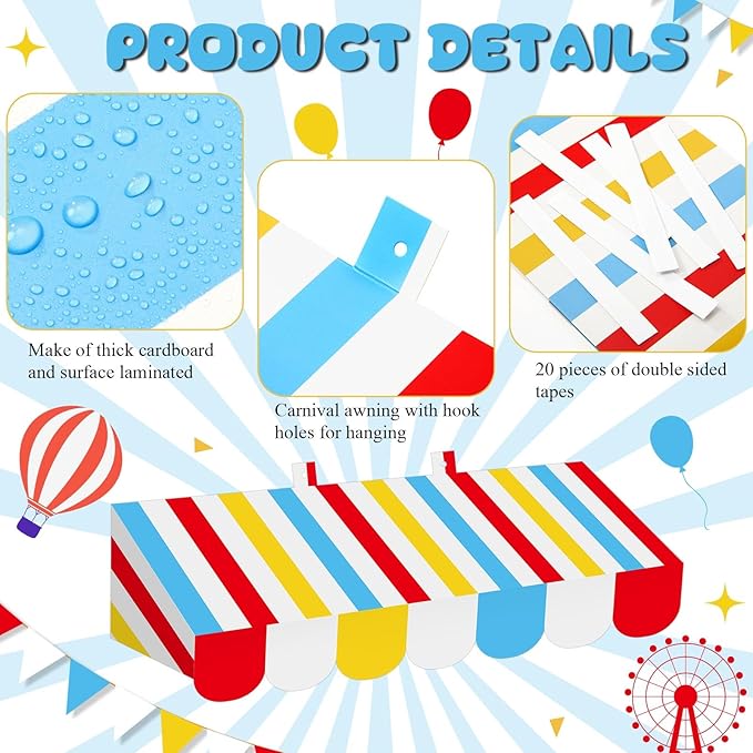 Tallew 4 Pcs 3D Circus Awning Wall Decoration Carnival Awning for Halloween Carnival Theme Party Classroom Decorations(Red, Yellow, Blue and White)