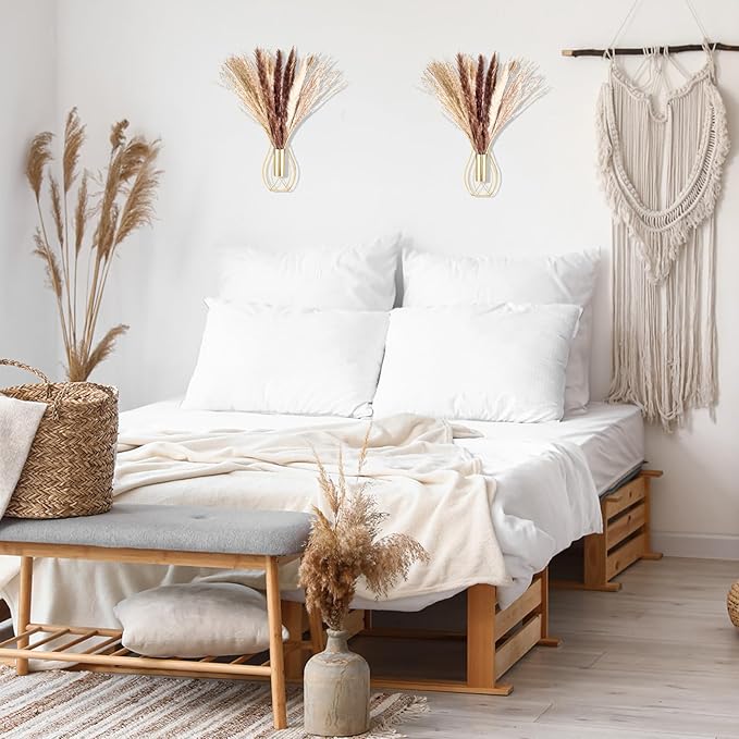 Otoolling Boho Wall Decor Set of 2 – Metal Hanging Wall Art with Faux Pampas,Minimalist Bohemian Accent for Living Room, Bedroom, Entryway(Gold)