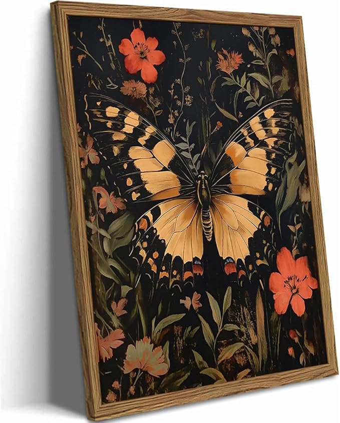 Dark Vintage Butterfly Wall Art,Butterfly Botanical Nature Pictures Wall Decor Flower Prints, Gothic Canvas Prints for Living Room Bedroom Office 16x24 inch Framed