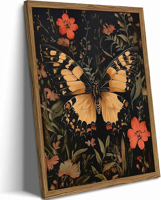 Dark Vintage Butterfly Wall Art,Butterfly Botanical Nature Pictures Wall Decor Flower Prints, Gothic Canvas Prints for Living Room Bedroom Office 16x24 inch Framed