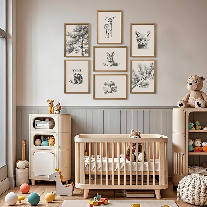 Nursery Wall Art Woodland Animal Canvas Wall Decor Baby Room Pictures Forest Animal Prints Kids Wall Art Pine Tree Poster Nature Vintage Artwork Deer Fox Painting for Bedroom 8x10x7 Inch Framed