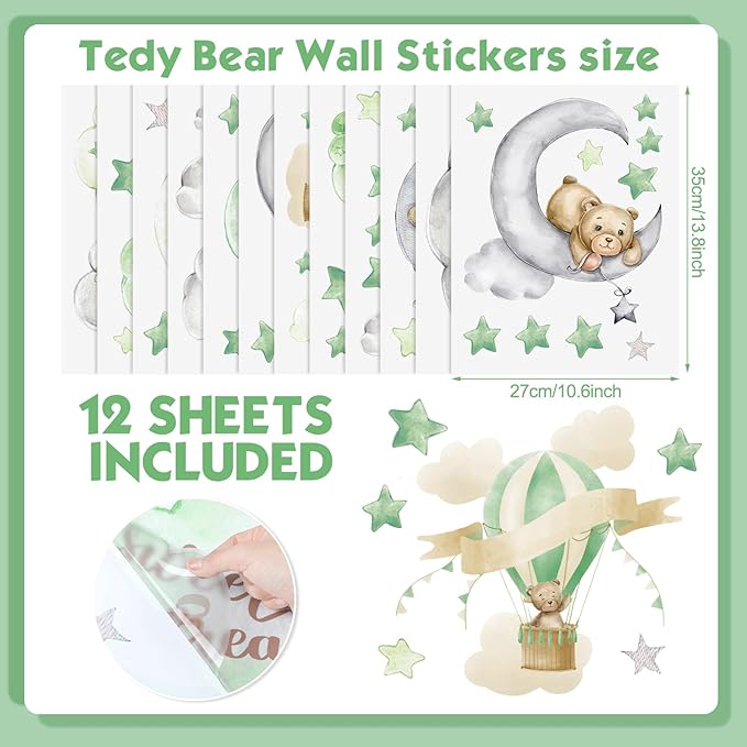 Yinder 12 Sheet 78 Pcs Bear Highland Cow Wall Decals Cute Highland Cow Sticker Nursery Baby Wall Decor for Kids Girls Boys Baby Room Bedroom(Sage Green Bear)