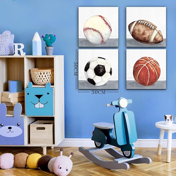 Sports Wall Art Kids Boys Sports Room Decor Soccer Football Baseball Basketball Pictures Canvas Prints Nursery Toddler Watercolor Sport Ball Posters Baby Home Decoration Christmas Gifts 12x12” 4 Piece
