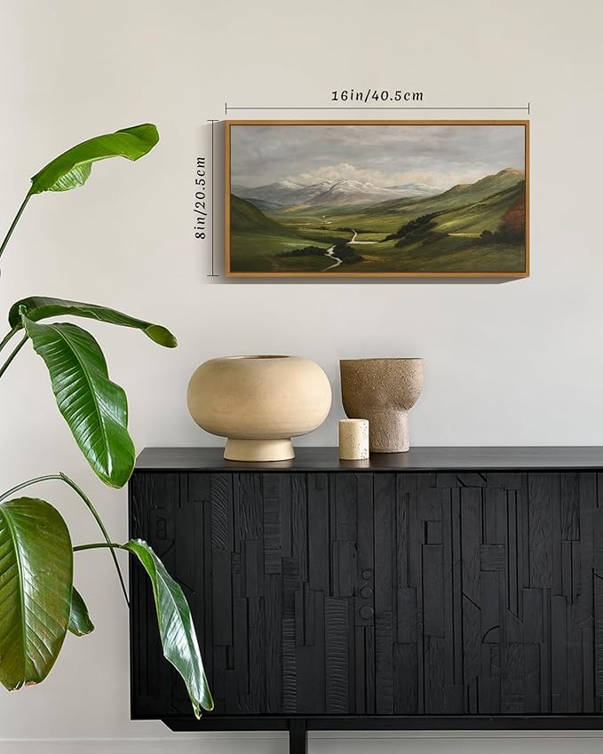 SHENIFY Vintage Framed Wall Art Mountain Range Valley River Landscape Painting Retro Meadow Scenery Farmhouse Kitchen Living Room Decor - 8x16in Natural Framed