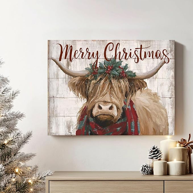 Christmas Highland Cow Wall Art Merry Christmas Sign Poster Rustic Farmhouse Cow Pictures Wall Decor Rustic Wood Grain Farm Animal Canvas Prints Artwork for Kitchen Dining Room Home Decoration 12x16"