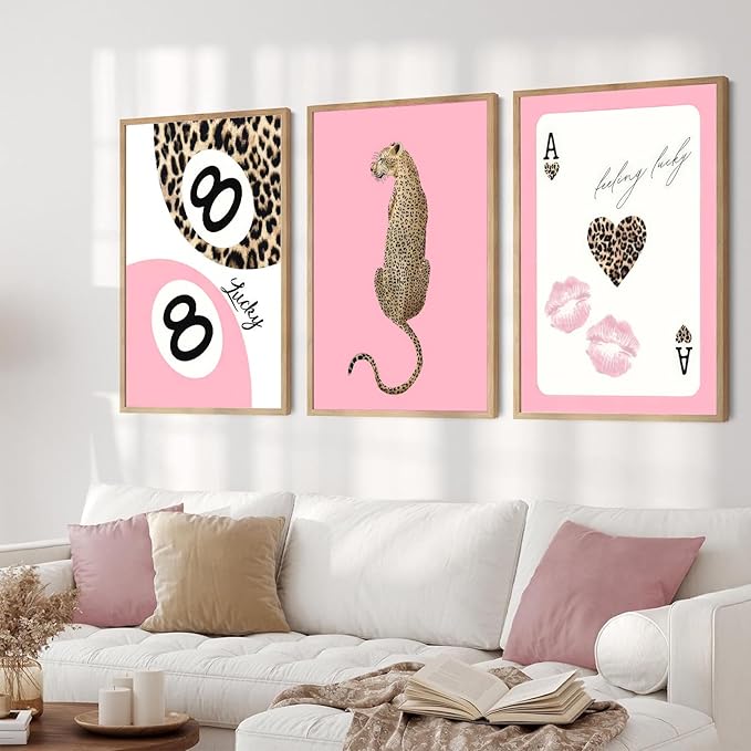 Set of 3 Trendy Pink Leopard Wall Art Cheetah Lucky 8 Ball Posters Prints Preppy Cheetah Aesthetic Wall Decor Pictures for Girly Bedroom Apartment Dorm Decoration Unframed 12x16in