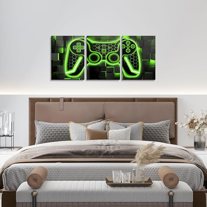 Feelyou Gamer Canvas Wall Art Gaming Bathroom Wall Art for Home Decor 12"x16" 3 Piece for Lighting Honeycomb Game Controller Office Wall Artwork Posters Green and Black Geometric Wall Painting