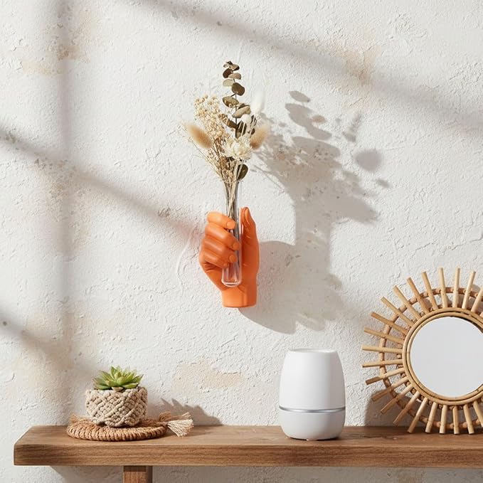 Wall Hand Vase,Vintage Art Decor,Life-Size Hand Sculpture with Glass Test Tube Vase,Unique Wall Art Statue for Indoor or Outdoor,Maximalist Boho Whimsical Decor, for Women (Orange)