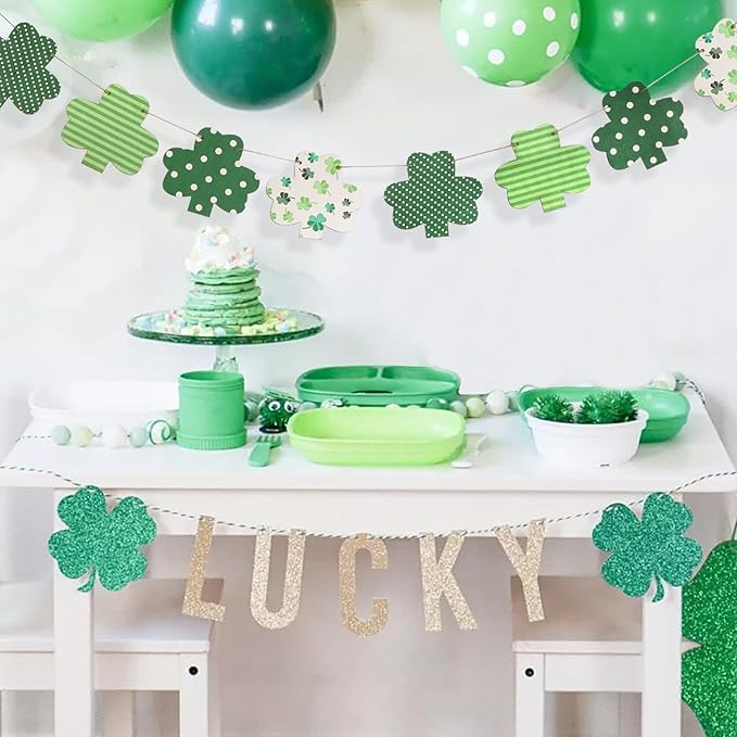 St Patricks Day Decorations-Wooden Shamrock Garland for St. Patrick's Day Decor-Reusable Lucky Green Banner Garland for Fireplace Mantel Walls Decor