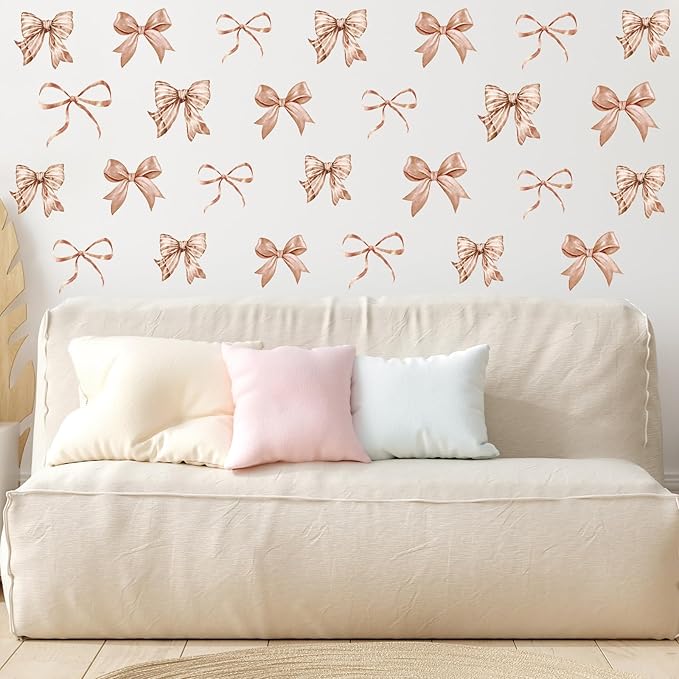 Whaline 12 Sheets Boho Bow Wall Stickers Watercolor Brown Bowknot Wall Decals Room Mural Stickers for Coquette Birthday Party Home Nursery Decor, 7.9 x 11.8 Inch
