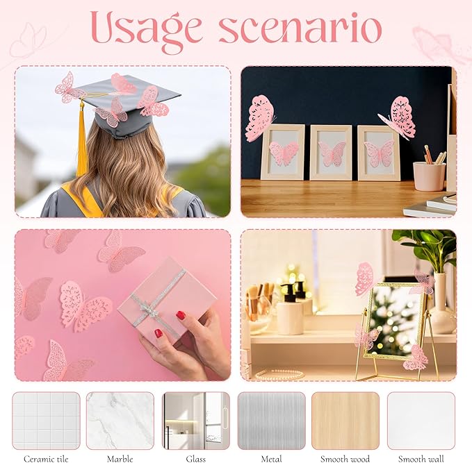 Bememo 72 Pieces 3D Butterfly Wall Decals Sticker Decal Wall Decor Art Decorative Sticker 3 Sizes for Room Offices Bedroom Bathroom Living Room Decor(Light Pink)