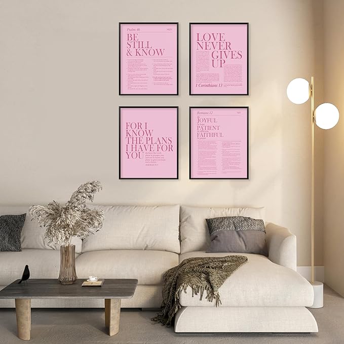 Locomiss Pink Christian Wall Art Decor, Modern Bible Verse Prints, Minimalist Jesus Scripture Wall Decor, Pink Inspirational Bible Posters for Bedroom Office Living Room, Set of 4 (8x10 Unframed)