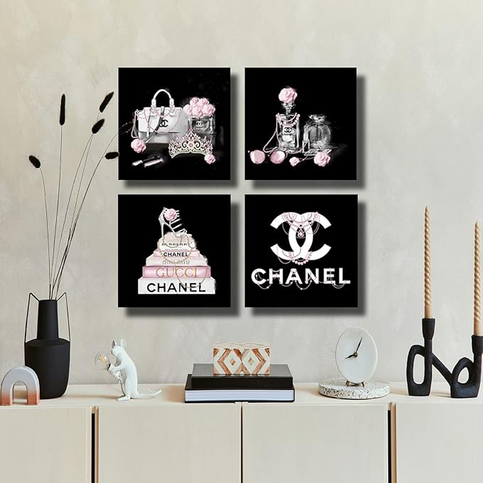 Black And White Wall Art/Pink Book Pictures Room Decor for Teen Girls/Women Handbag Perfume Wall Decor for Living Room/Fashion Canvas Artwork Size 10"x 10"x 4 Pieces