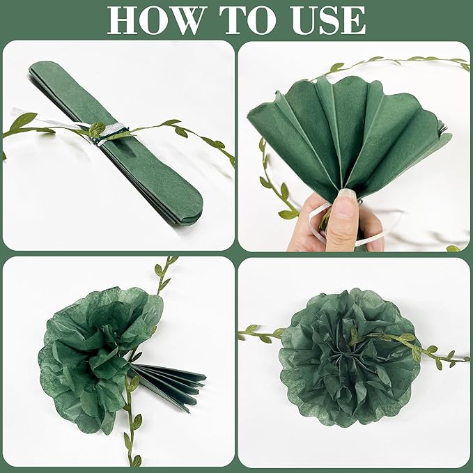 Sage Green Beige Party Decorations Tissue Paper Flowers Pom Pom with Leaf Ribbon Hanging Garland Streamer for Neutral Baby Shower Birthday Wedding Bachelorette Safari Jungle Woodland Party Supplies