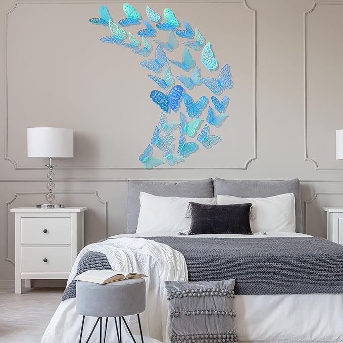 Bememo 72 Pieces 3D Butterfly Wall Decals Sticker Decal Wall Decor Art Decorative Sticker 3 Sizes for Room Offices Bedroom Bathroom Living Room Decor(Holographic Blue)
