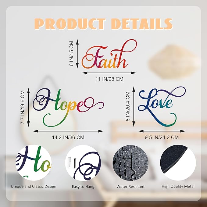 ESTART Faith Hope Love 3 Pieces Metal Wall Decor Inspirational Black Letter Sign Wall Art Rustic Vintage Farmhouse Word Metal Sign Family Wall Decor for Home Bedroom Living Room Office (Colorful)