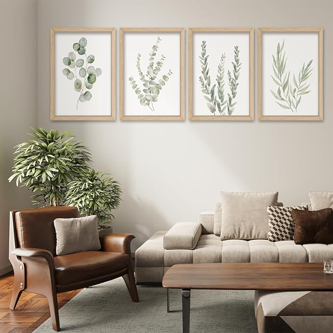 YWJKWLGS Botanical Watercolor Prints Sign Sage Green Eucalyptus Wall Decor 11x16 Inch Set of 4 Minimalist Wood Framed for Bathroom Laundry Room Office Wall Hanging Art (Wood)