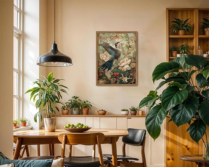 Framed Vintage Hummingbird Wall Art, Floral Bird Wall Decor Paintings, 3D Sandstone Textured Nature Botanical Pictures Prints Aesthetic Home Decor for Living Room Bedroom Bathroom Office 16x24 inch