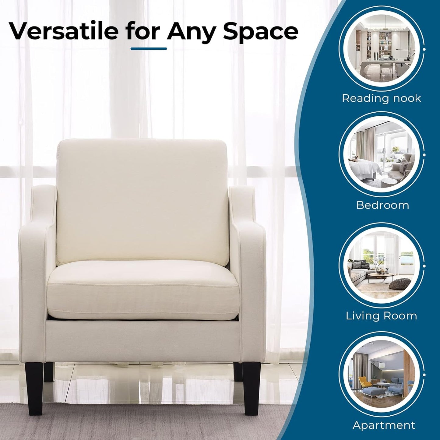 VINGLI Mid Century Modern Accent Chair, Beige Fabric Accent Chairs for Living Room Upholstered Armchair Sofa with Scooped Arms for Bedroom, Apartment, Studio, Office, Waiting Room
