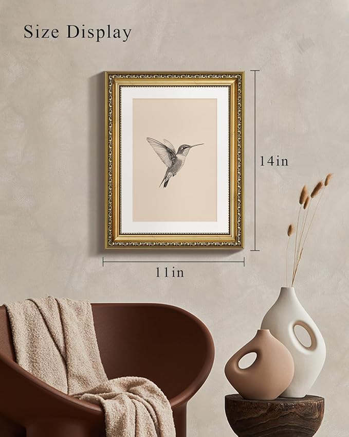 VIYYIEA Gold Framed Elegant Hummingbird Sketch Canvas Wall Art, Vintage Nature Illustration, Minimalist Cream Background Decor | No-Glass Design, Lightweight Anti-Glare Construction | 11x14 Inch