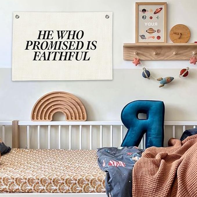 RTXLEZM Christian Bible Verses Canvas Banner Wall Hanging, He Who Promised Is Faithful Religious Scripture Modern Minimalist Wall Banner Decor for Home Bedroom Living Room Prayer Room, 20x30 Inch