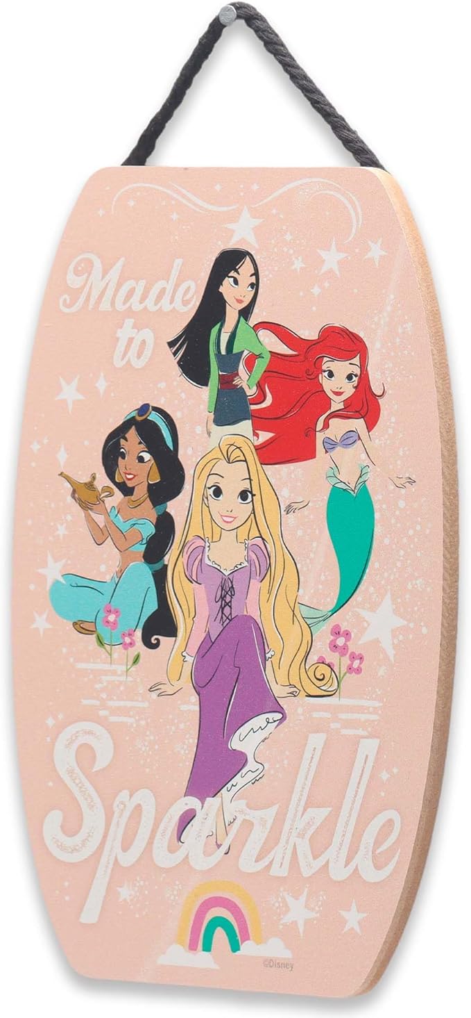 Disney Princess Made to Sparkle Hanging Wood Wall Decor - Cute Princess Wall Art Featuring Mulan, Jasmine, Ariel and Rapunzel