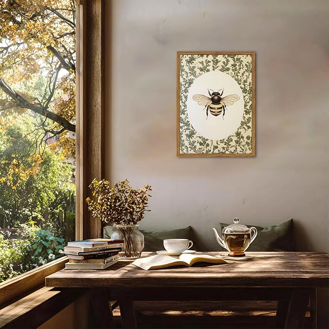 Framed Vintage Bee Wall Art, Rustic Insect Pictures Wall Decor, 3D Textured Sandstone Green Botanical Paintings Prints Cottagecore Home Decor for Living Room Bedroom Office 12x16 inch