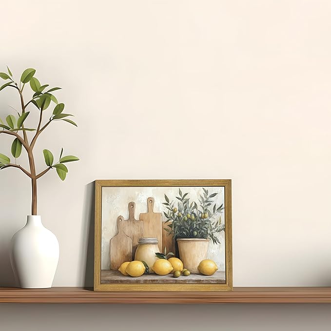 Wood Framed Vintage Kitchen Wall Art, Yellow Lemon Still Life Wall Decor Oil Paintings, Rustic Farmhouse Artwork Canvas Posters Prints Pictures for Living Room Bedroom Home Decor 8x10 Inch