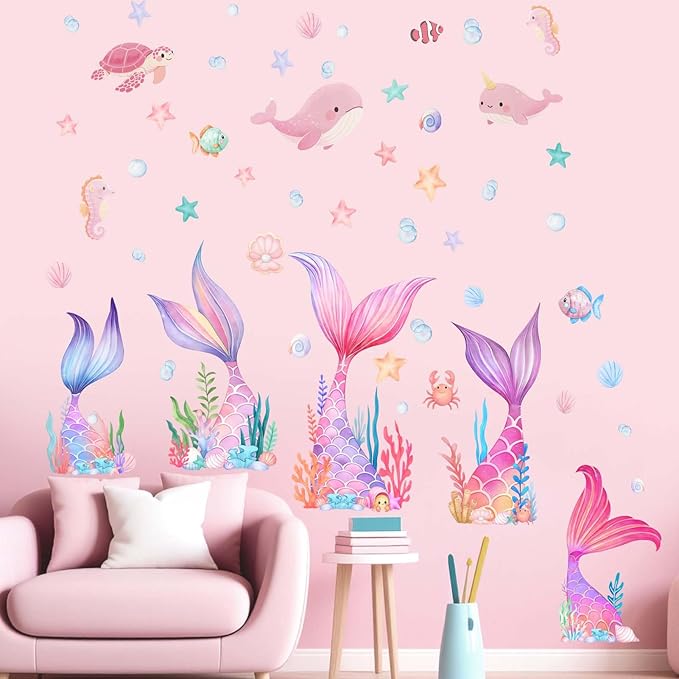 Mermaid Tail Wall Stickers for Girls: Peel and Stick Under The Sea Wall Decals for Girl Room Baby Bedroom Nursery - Ages 1-12 Years Vinyl Decor